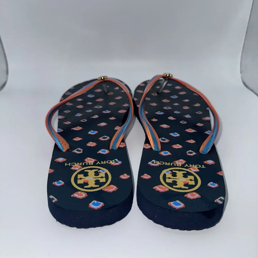 Tory Burch Navy Orange Blue Printed Logo Flip Flops Women’s Sandals